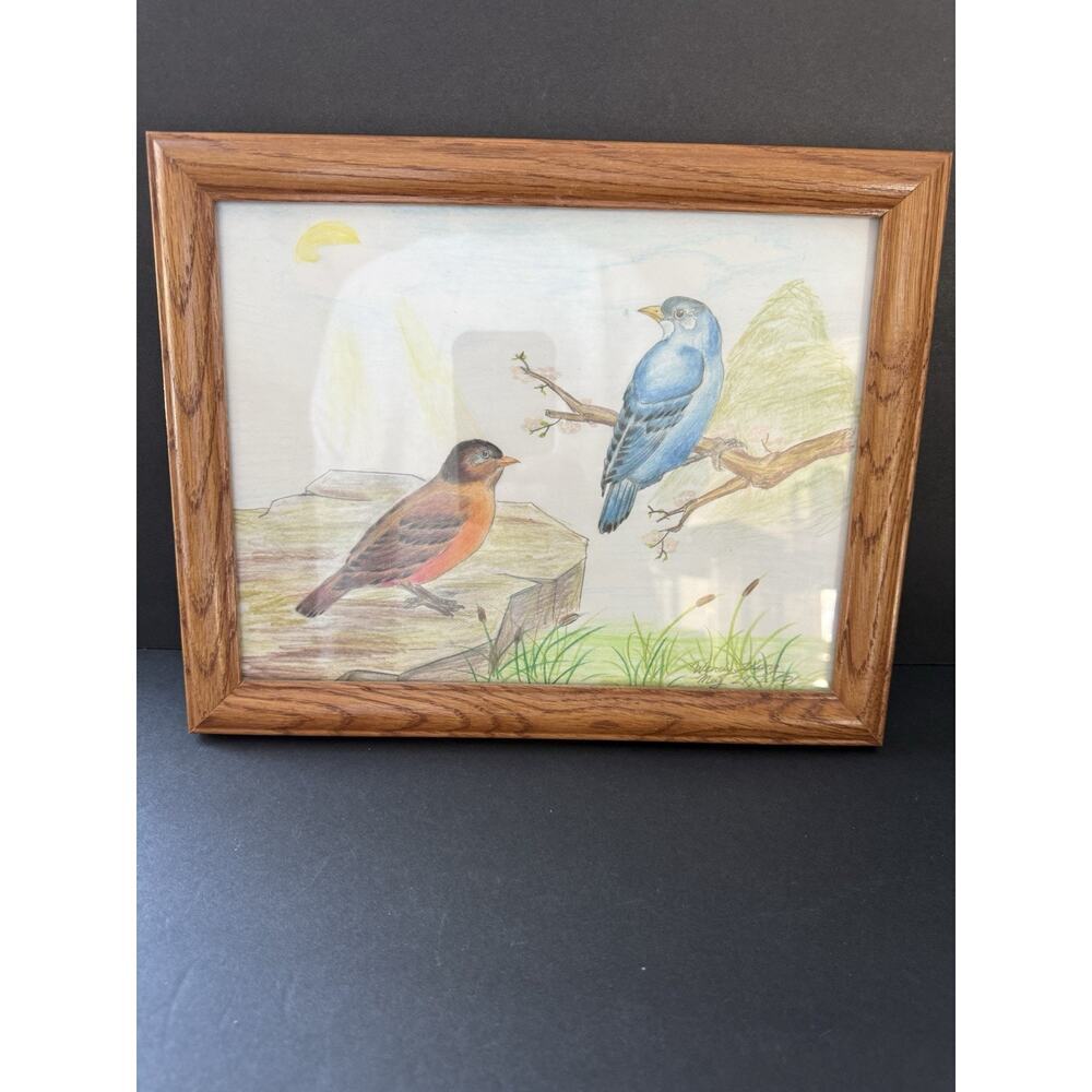 Original Hand Drawn Framed Art Wood Frame 8x10 Bird Wildlife Landscape Whimsy